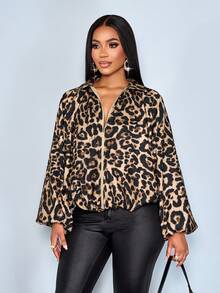 SOLERSUN Women's Elegant Leopard Print Brown Checkered Zip-Up Oversized Bomber Jacket,Raglan Sleeve Fall/Winter Chic Outerwear Coat,Autumn Night Out Style - Brown - View 3