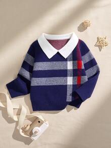 SHEIN Áo len dệt kim kẻ caro thời trang thường ngày cho bé trai, tay dài, mùa thu/đông - Xanh đậm - Xem 1