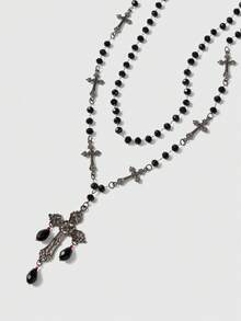 ROMWE 1pc Gothic Style Ascension Day Cross Beaded Tassel Necklace, Black Resin Metal Material Personalized, Suitable For Women Party & Everyday Wear - Black - View 8