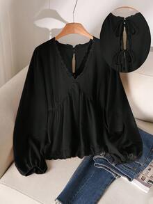 CosyJoli 大码纯色V领蕾丝拼接休闲长袖衬衫 - 黑色 - 查看 2