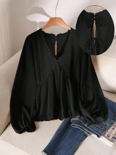 CosyJoli Plus Size Solid Color V-Neck Lace Patchwork Casual Long Sleeve Shirt Spring