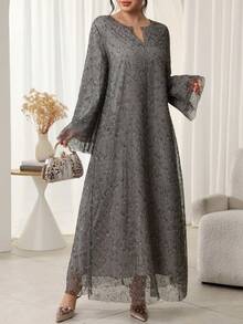 Al Najma 宽松休闲网纱土耳其长裙及阿拉伯传统长袍，秋冬款 - 灰色 - 查看 5