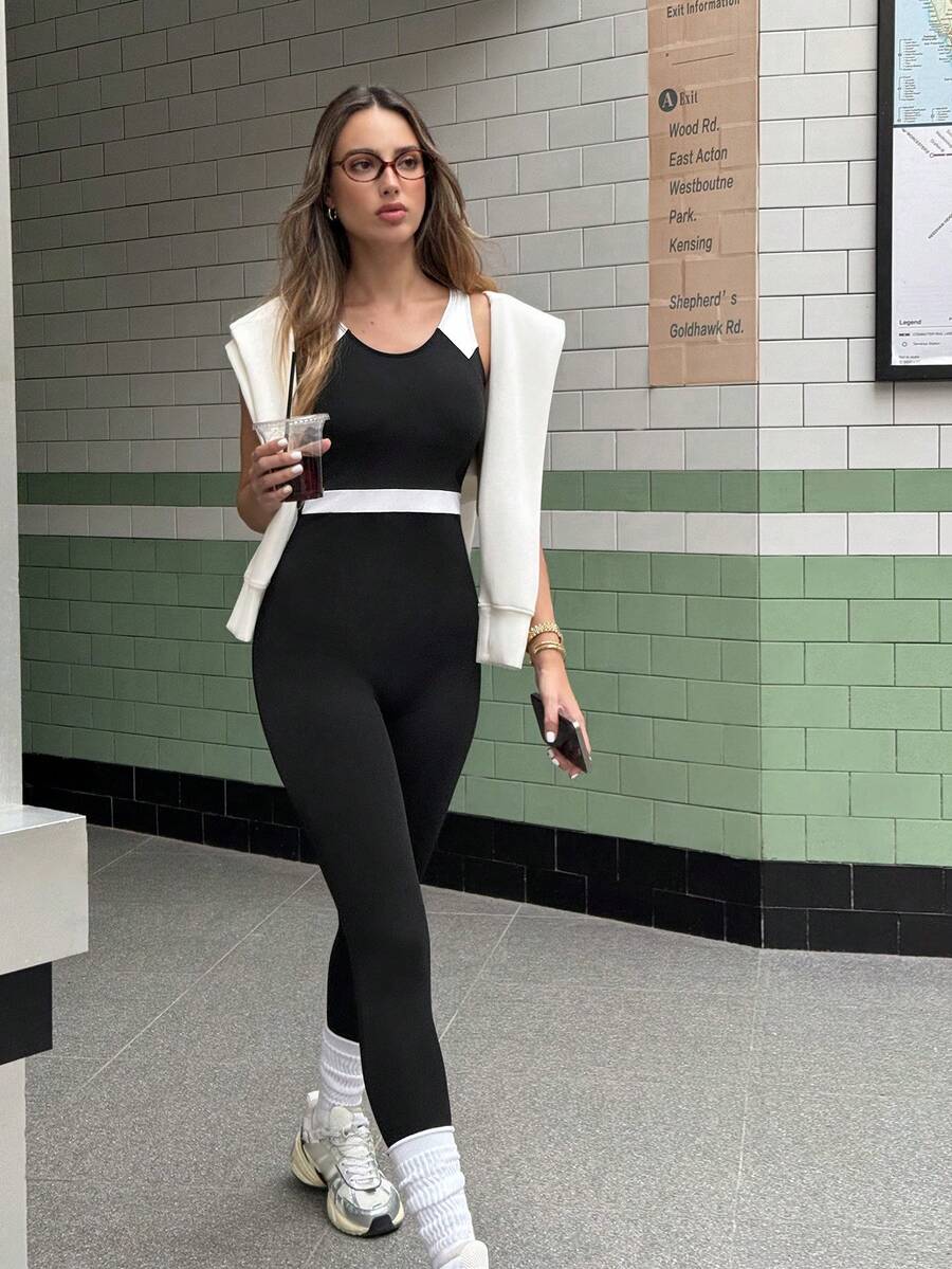 Eassivo Damen Kontrast-Farbiges Rückenfreies Figurbetontes Sport-Jumpsuit