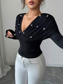 Elenzga Women's V-Neck Raglan Long Sleeve Mesh Patchwork Fitted Waist Beaded Decor Elegant Refined T-Shirt - Black - View 4