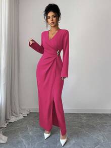 Elenzga Váy quấn trơn màu thanh lịch dành cho nữ, thích hợp để đi làm - Màu Hồng Tươi - Xem 5