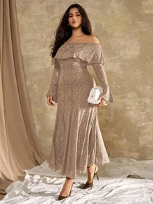 Roveilla Váy đuôi cá hở vai họa tiết hoa mẫu đơn kiểu Pháp cỡ lớn dành cho nữ - Màu be - Xem 8