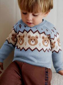 Cozy Pixies 男婴熊几何图案圆领长袖套头毛衣，厚实柔软舒适休闲百搭 - 霧霾藍 - 查看 9