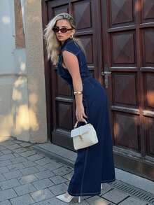 Jeta Ari 女士单排扣背心和阔腿牛仔裤宽松牛仔套装 - 藍色 - 查看 4