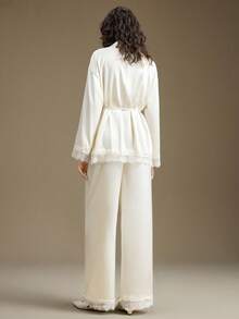 Ontre Women's Cream White Satin 2-Piece Set, Autumn Elegant Loungewear Lace Trim V-Neck Drop Shoulder Cinched Waist Waist Top And Long Pants, Modern Office Wear - Apricot - View 9