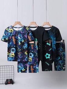 SHEIN 6件套儿童/青少年男童休闲日常舒适足球图案圆领短袖睡衣套装，包含上衣和短裤/长裤，3种款式可选，适合学校、花园、海滩、生日等场合，春夏秋冬皆宜。 - 彩色 - 查看 4