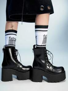 Sugerpunk Gothic Punk Style Platform Ankle Boots For Women, Round Toe Thick Heel Ankle Boots With Metal Rivet Buckle Strap Decor, Comfortable Back Zipper Lace-Up Chunky Heel Booties For Party - Black - View 6