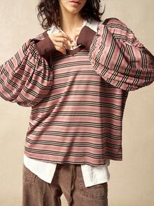 Bohemela Camiseta suelta de mujer de manga larga con cuello en V de parchwork de punto a rayas, ropa de invierno para mujer, blusa a rayas de hombros descubiertos de manga larga de mujer para otoño e invierno, ropa de mujer, parte superior a rayas de color albaricoque, ropa exterior, blusa de hombros descubiertos a rayas, blusa casual de mujer, camiseta de manga larga, blusa de Navidad, blusa de Año Nuevo, blusa marrón, blusa a rayas marrones, otoño, ropa de otoño para mujer - Multicolor - Ver 4