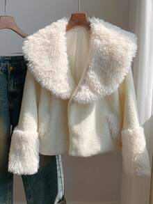 SHEIN EZwear 女式蓬松白色长袖宽松夹克，秋冬 - 白色 - 查看 1