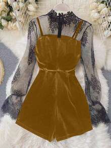 GlowEve Spring/Summer Latest Black Long Sleeve Lace Trim Elegant Fitted Design Gold Decor Button Velvet Jumpsuit, Women Winter, Christmas, New Year Outfit - Gold - View 2