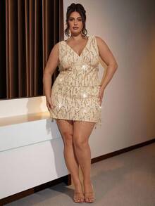 SHEIN BAE Christmas Plus Size Women's Fashionable Elegant Shiny Short Gold Sequin Mini Skirt - Khaki - View 1