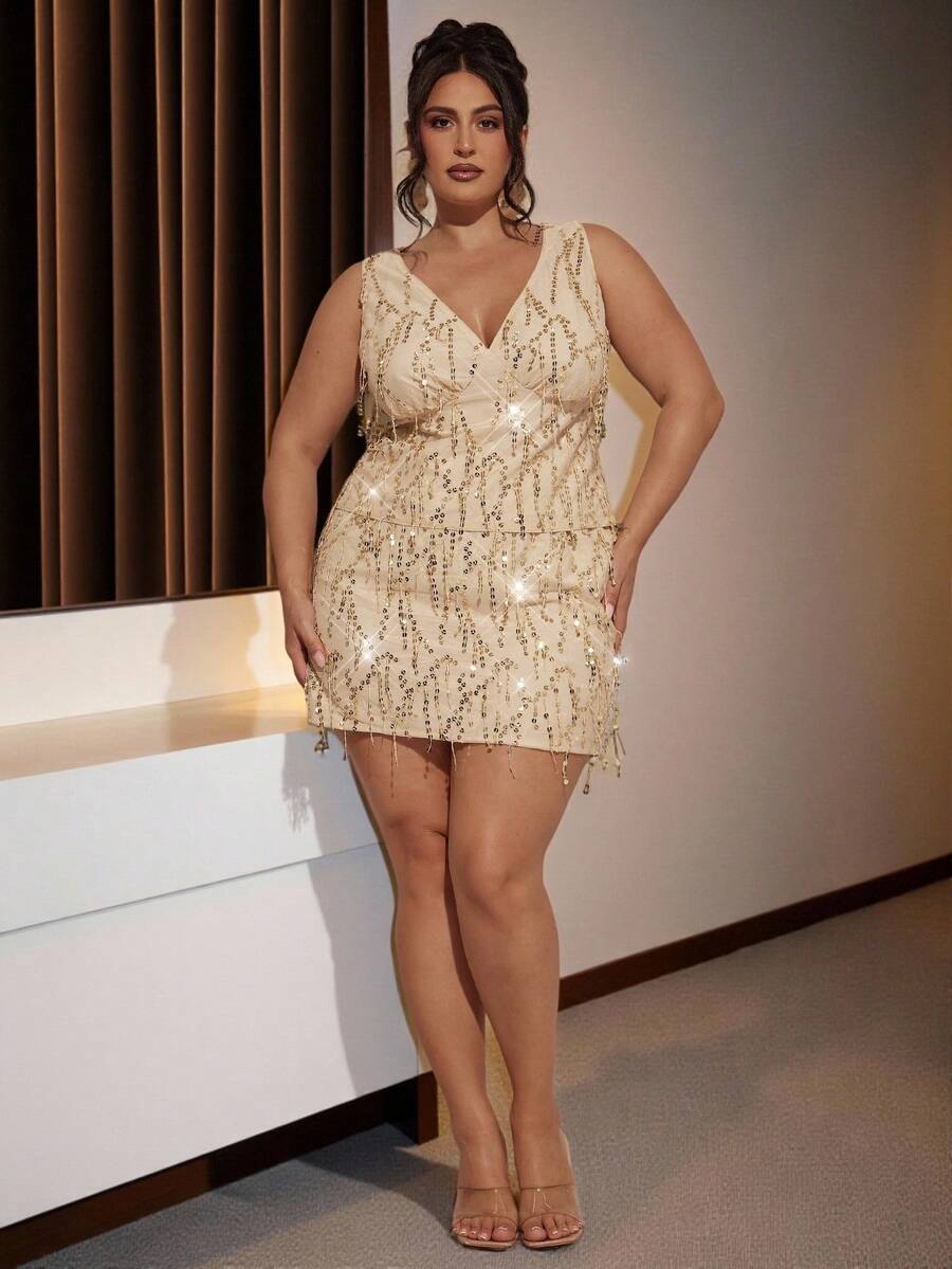 SHEIN BAE Christmas Plus Size Women's Fashionable Elegant Shiny Short Gold Sequin Mini Skirt - Khaki - View 1