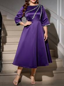 Gownix 大码女士优雅提花长袖中长连衣裙，适合派对和外出，秋冬圣诞女装 - 紫色 - 查看 7
