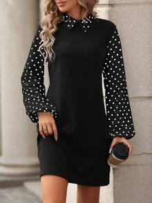 EMERY ROSE Women's Contrast Polka Dot Print Long Sleeve Dress - Black - View 4