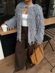 Ritzy Row 女士休闲圆领流苏针织开衫毛衣流苏灰色开衫 - 深灰色 - 查看 4