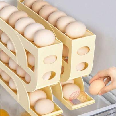 1个冰箱用自动滚动鸡蛋架，节省空间的自动滚动鸡蛋分配器，大容量鸡蛋收纳盒（可存放30个鸡蛋），盒式自动滚动鸡蛋架，可堆叠鸡蛋收纳盒，滑动式设计，独立塑料蛋托，厨房收纳盒，保鲜容器，侧门鸡蛋分配器配件，适用于冰箱、厨房、橱柜或桌面