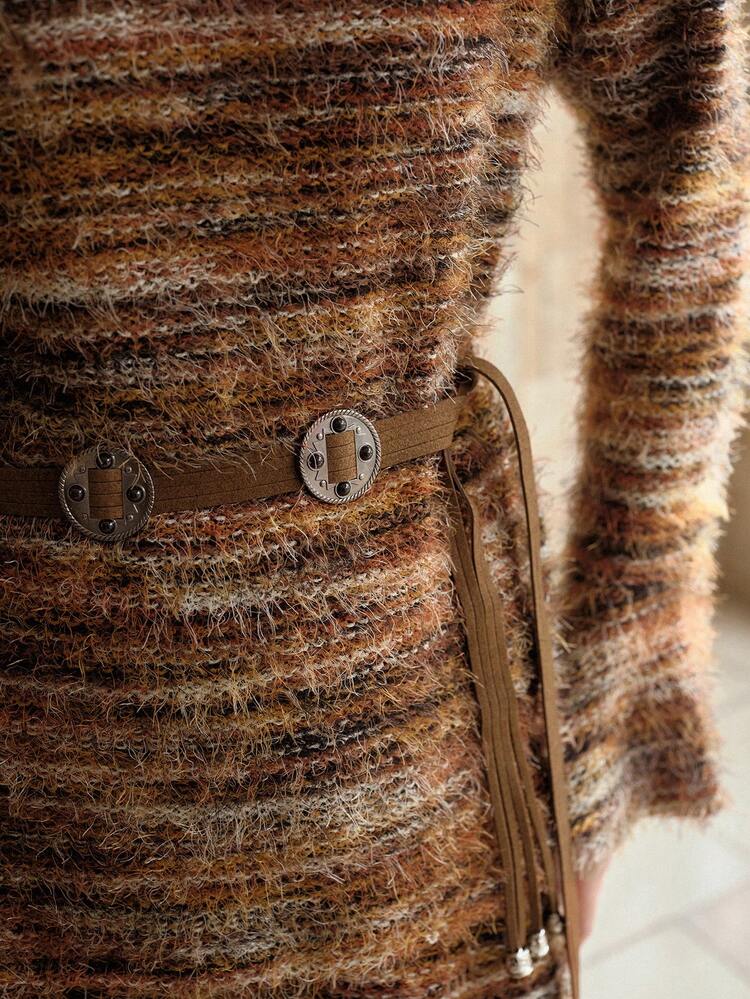 Raumfärbiges V-Ausschnitt Flügelärmel Flauschiger Strick Top