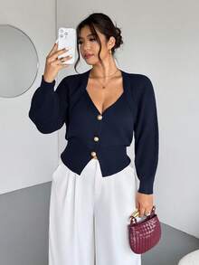Firerie Plus Size Solid Color Front Button Long Sleeve Casual Knit Cardigan In Fall/Winter Navy Blue Old Money Office - Navy Blue - View 8