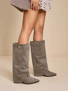 Daringsoles Giày bốt cao cổ mũi nhọn, đế dày, chất liệu da lộn, có tua rua, dáng ôm, dành cho nữ - Màu Xám nhạt - Xem 3