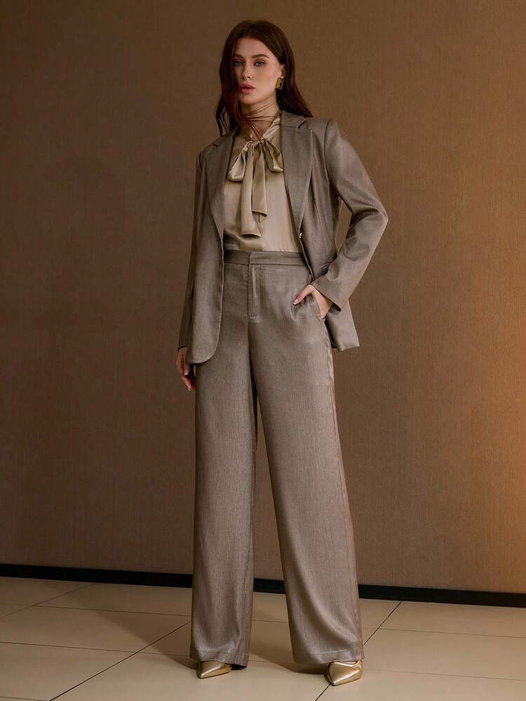 CALÇAS RETAS ELEGANTES PARA ESCRITÓRIO DE COR SÓLIDA E TEXTURA PARA MULHERES