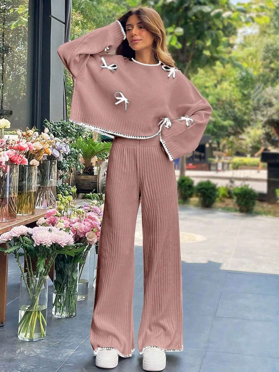 EURMUSE 2pcs Bow Decor Contrast Trim Knitted Sweater And Pants Set - Dusty Pink - View 1