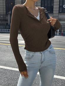 女士蕾丝拼接V领修身罗纹长袖T恤 - 棕色 - 查看 3