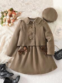 Elladie kids 两件套女童优雅套装：翻领双排扣大衣，下摆呈喇叭形并饰有蝴蝶结，搭配贝雷帽，冬季款 - 棕色 - 查看 3