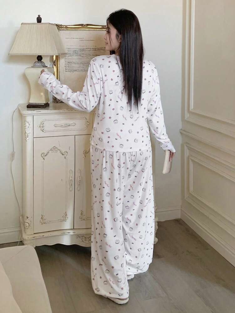 Dazy Plus 2pcs/Set Cute Cartoon Floral Print Lace Patchwork Pullover Top And Pants Pajama Set, Casual Loungewear For Plus Size Women