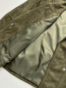 Elamini Women's Military Green Suede Fleece Jacket, Fashionable Turndown Collar Design, Long Sleeve, Pockets, Retro Chic European And American Style - Army Green - View 6