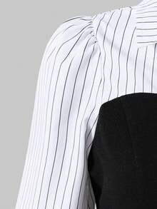 SHEIN Sparklyn Teen GirlElegant Casual Black & White Striped Long Sleeve Fitted Shirt, Fashionable & Versatile, Can Be Paired With Flare Pants, Wide-Leg Pants, Or Midi Skirts - Black and White - View 4