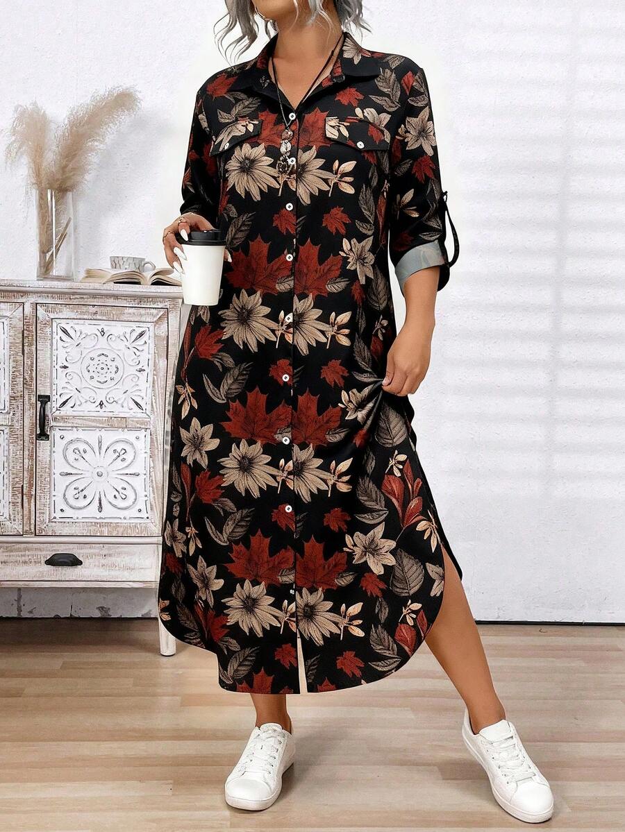 SHEIN 大码前扣长袖豹纹休闲长连衣裙女装 - 黑色 - 查看 1