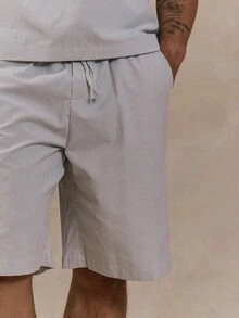 Musero Men Elasticated Pinstripe Longline Shorts Summer Street Style Holiday Vacation Casual Smart - Khaki - View 5