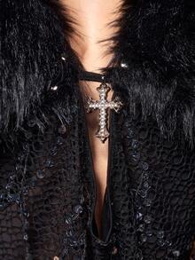 ROMWE Avant Sexy Deep V-Neck Sleeveless Sequin & Rivet Patchwork Crop Top, Suitable For New Year Party - Black - View 7
