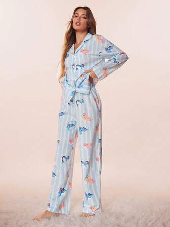 My Little Pony X SHEIN Women Fall Striped Cartoon Graphic Top & Pants Pajama Set Women Pajama Set Long Sleeve Pajama Set Striped Pajama Set Cartoon Print Pajama Set