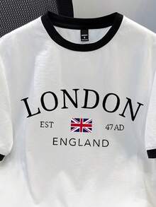 Manfinity Joysei 时尚休闲男士短袖T恤，英伦伦敦字母与国旗组合印花，标准版型，撞色袖设计，适合约会、聚会，情侣装、亲子装皆宜，也是送给男友的绝佳礼物。 - 黑與白 - 查看 2