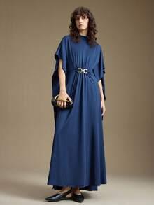 Ontre 女士纯色立领褶皱金属环装饰连衣裙 - 寶藍色 - 查看 6