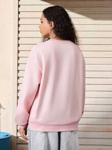 Popeye X SHEIN Women's Casual Letter & Cartoon Pattern Round Neck Drop Shoulder Sweatshirt, Autumn - Pink - View 2