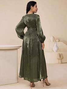 Veilorie Vestidos Longos Árabes para Mulheres com Mangas Longas, Tecido Brilhante, Elegante, Floral 3D e Cruzado