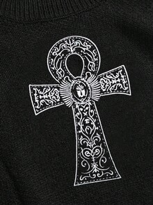 ROMWE Goth Suéter de cuello alto con bordado de cruz Ankh, estilo gótico punk - Negro - Ver 2