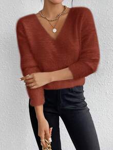 EMERY ROSE White V-Neck Casual Soft Knit Sweater, Long Sleeve Pullover Top, Autumn/Winter - Rust Brown - View 5