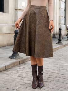 SHEIN Clasi 女士棕色纯色A字优雅日常通勤半身裙，秋冬款 - 棕色 - 查看 5