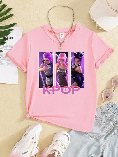 Tween Girls' Casual Letter & Portrait Graphic Round Neck Short Sleeve T-Shirt, Summer