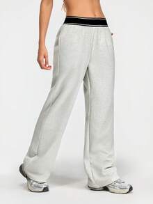 Eassivo Eassivo 女士撞色腰带口袋阔腿宽松运动裤 - 淺灰色 - 查看 6