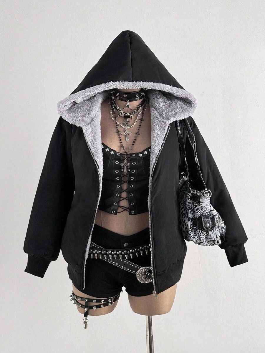 Sunspun 优雅仿毛皮拼接修身性感纯色外套 - 紫色 - 查看 1