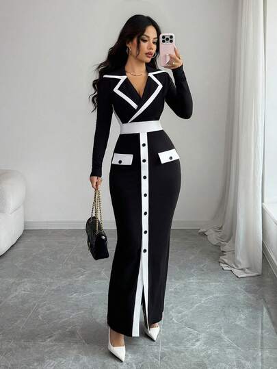 Elenzga Vestido de punto elegante y casual con cintura ajustada, manga larga, bloque de color y decoración de botones, adecuado para Halloween, Navidad, Año Nuevo, Acción de Gracias, fiesta, cita, graduación, blanco/negro