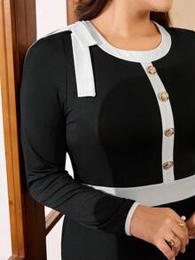 Auvina 大码女式时尚优雅撞色连衣裙 - 黑與白 - 查看 4